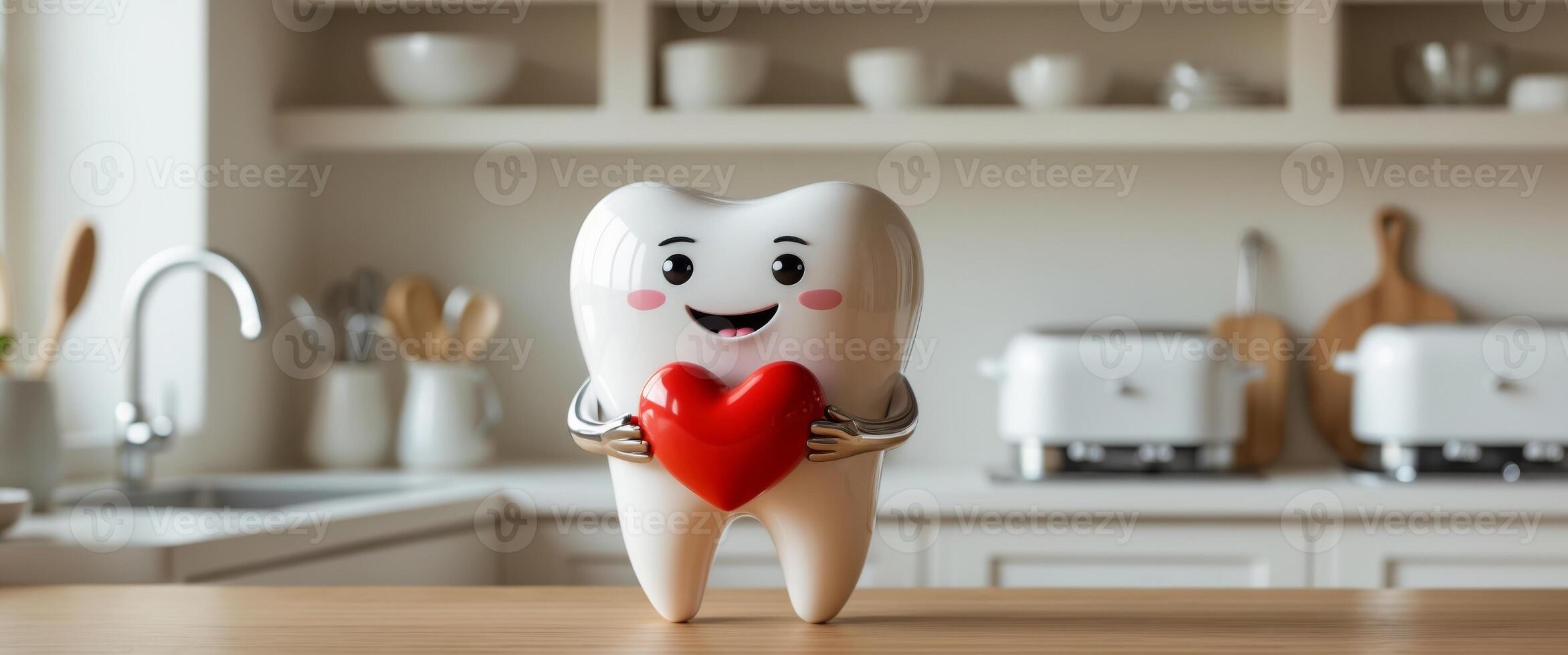Cute smiling tooth character holding a red heart in a cozy kitchen setting photo