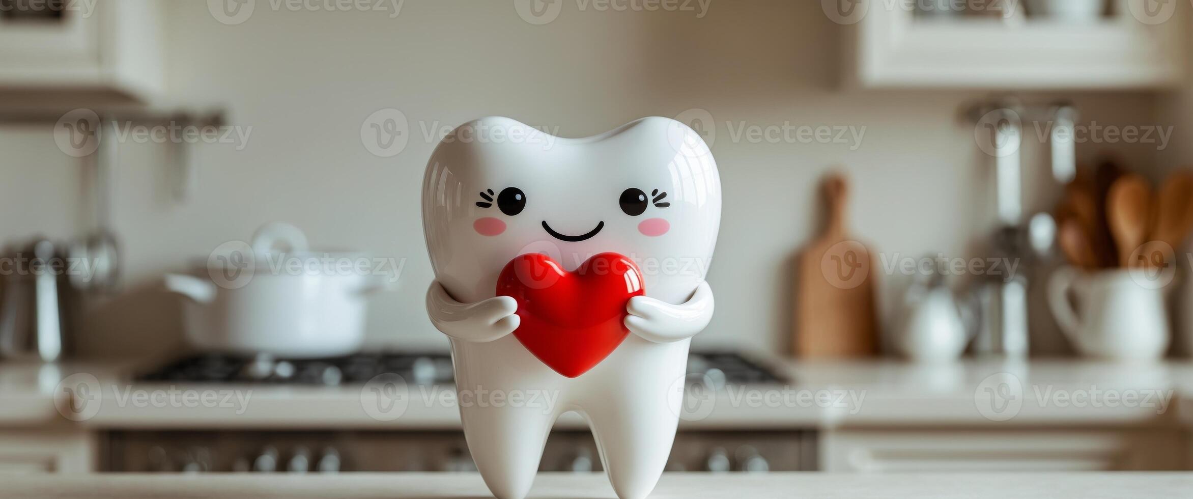 Cute smiling tooth character holding a red heart in a cozy kitchen setting. photo