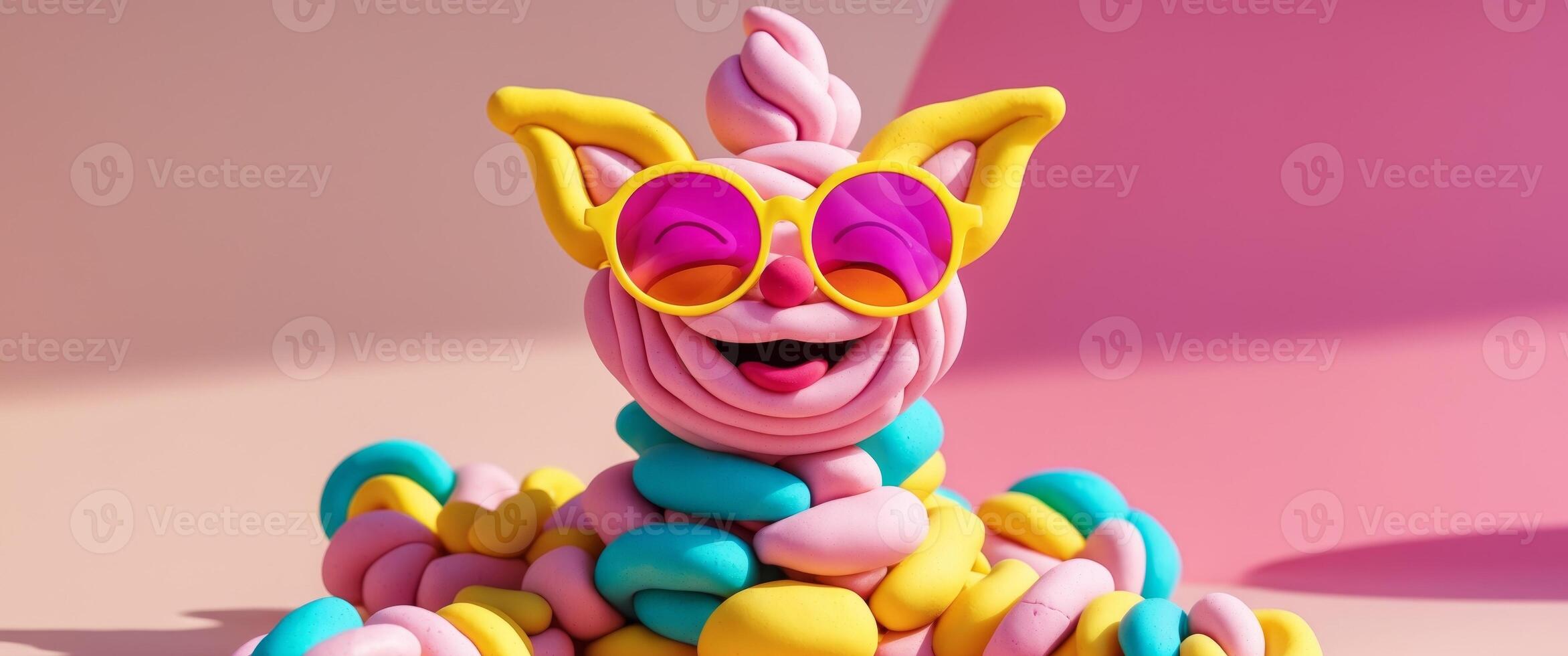 Colorful creature crafted from sweet dough shapes enjoying a sunny day with sunglasses on a vibrant pink background. photo