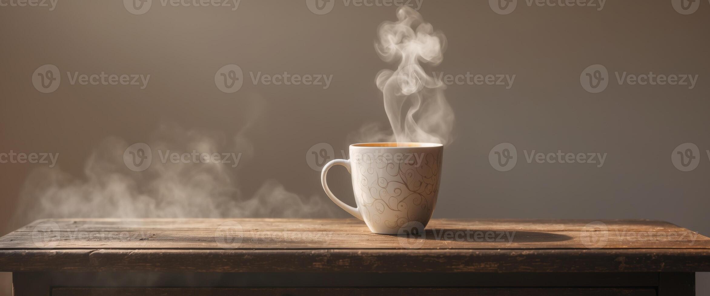 Cozy Coffee Break with Steaming Mug on Wooden Desk photo