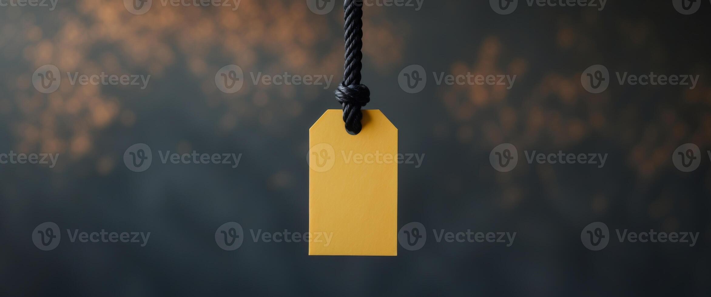 Blank Yellow Tag with Black Rope on Dark Textured Surface photo