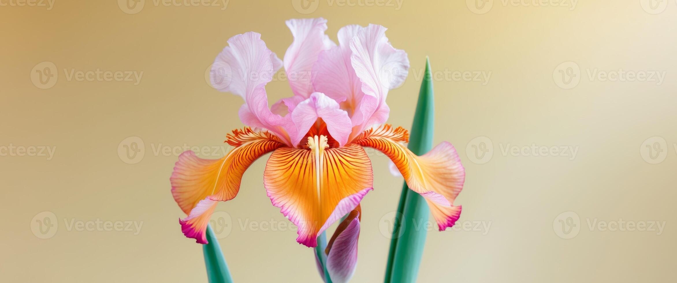 close up of a vibrant orange and pink iris flower with a soft yellow background. photo