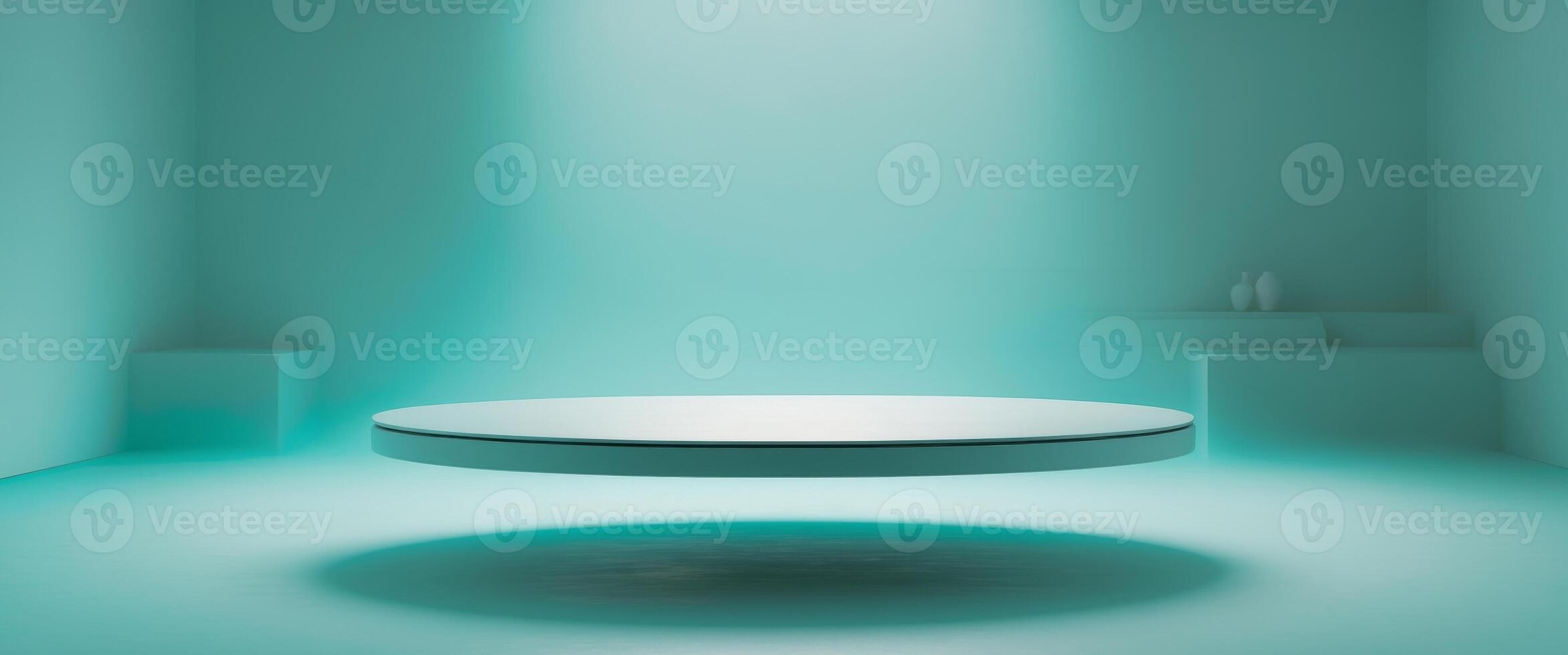 elevated circular platform a hazy teal room photo