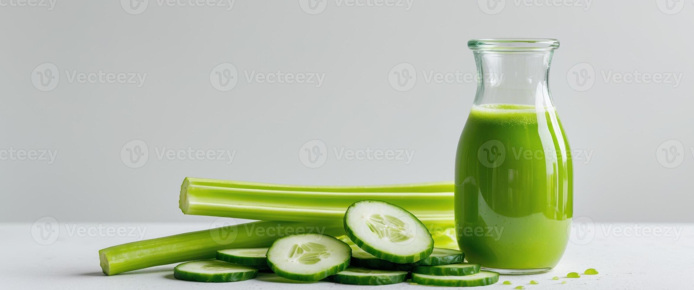 A vibrant green juice in a clear glass bottle with celery and cucumber slices beside it photo