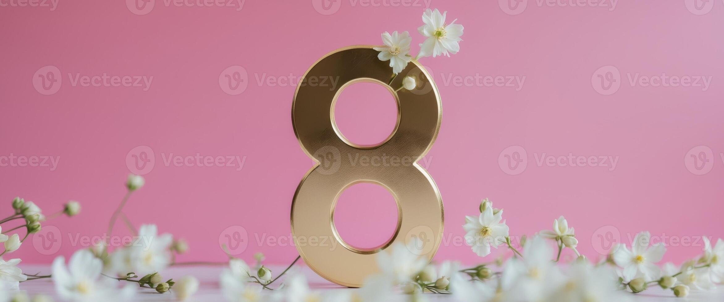 Gold number eight adorned with white flowers on pink background photo