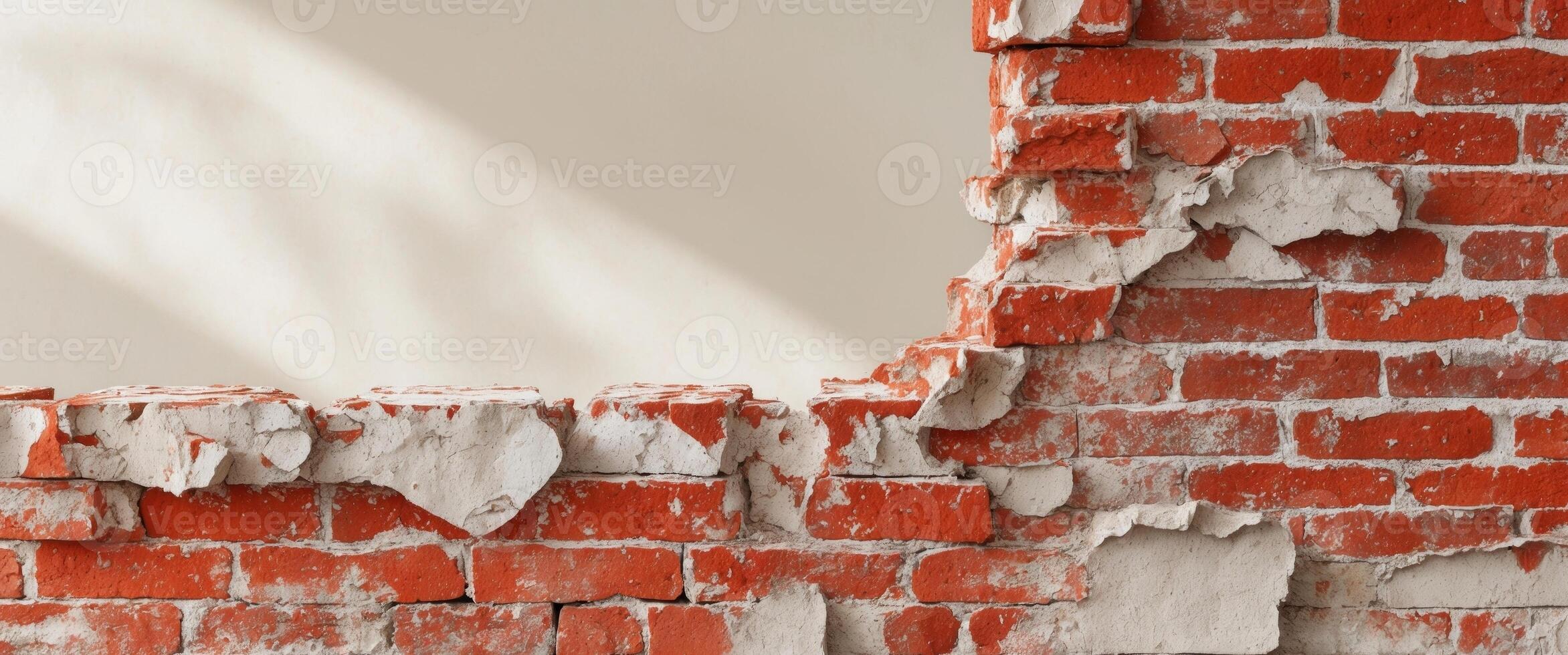Red brick wall with deteriorating mortar joints creating a textured background. photo
