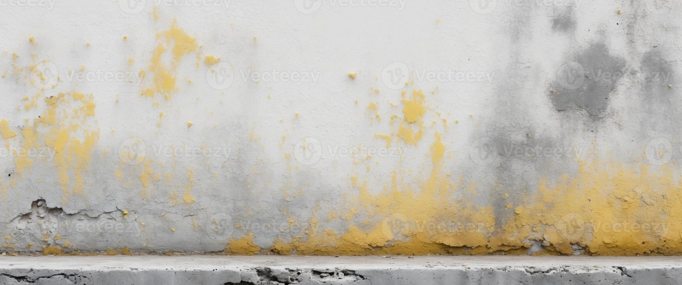 A White Wall with Yellow and Gray Mold and a Concrete Base photo