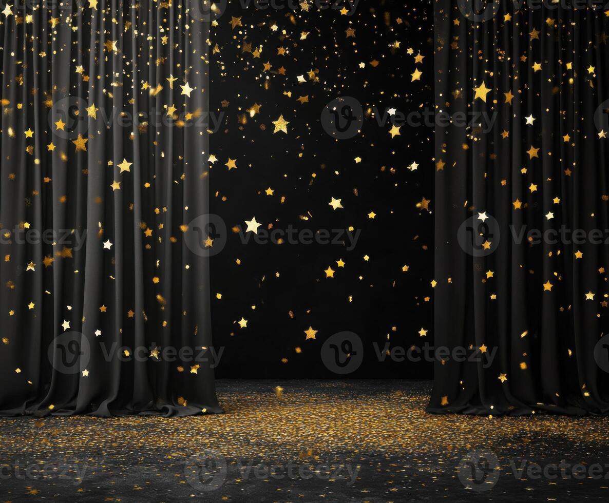 Sparkling starry backdrop with curtains for festive celebration or stage performance setting photo