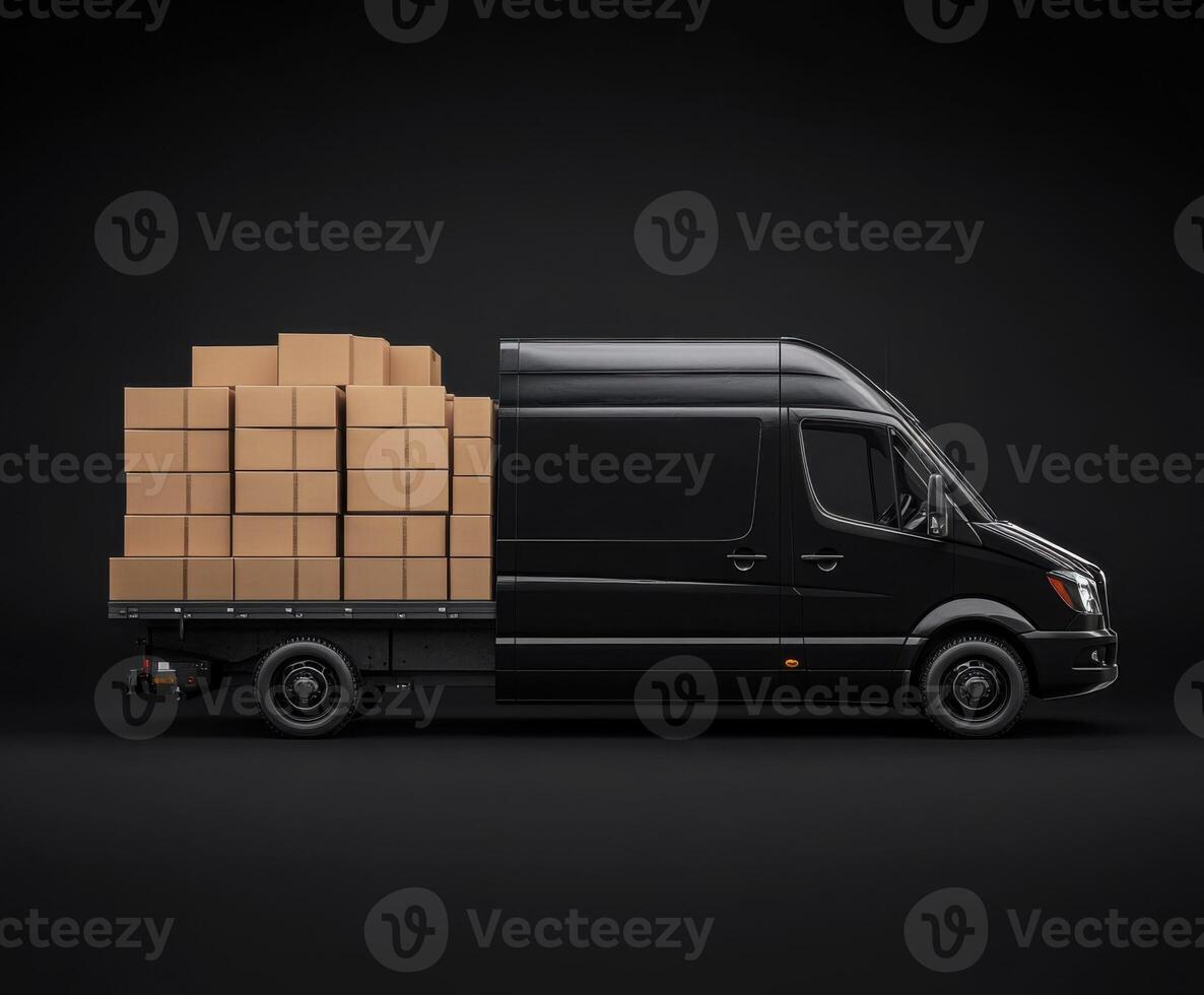Delivery van loaded with cardboard boxes ready for transport in a dark setting photo