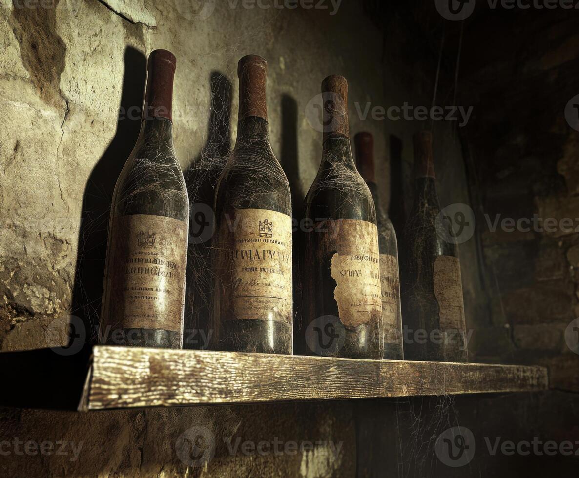 Old wine bottles covered in dust and cobwebs on a wooden shelf in a dimly lit cellar photo