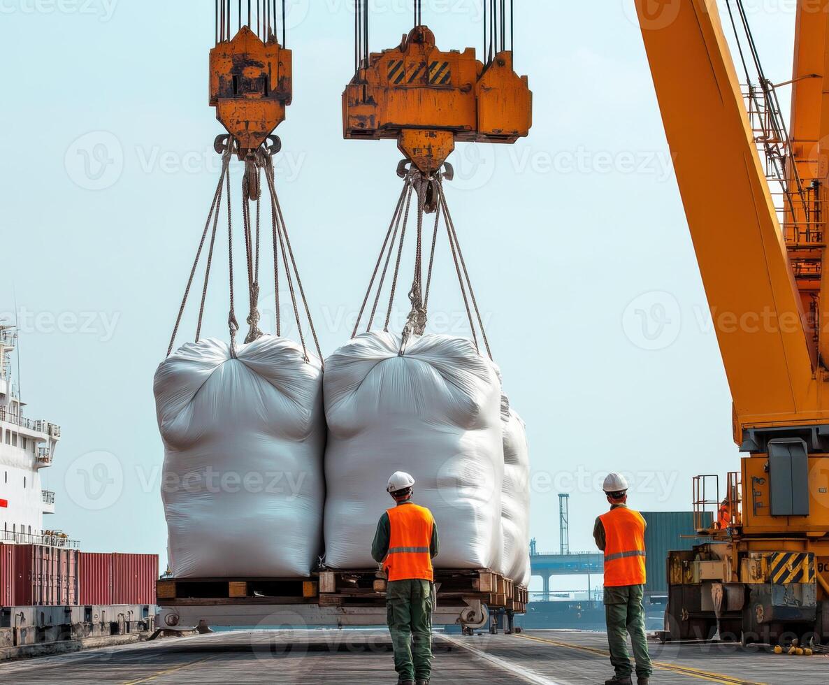Cargo being unloaded at a busy shipping terminal with cranes lifting large containers in the background photo