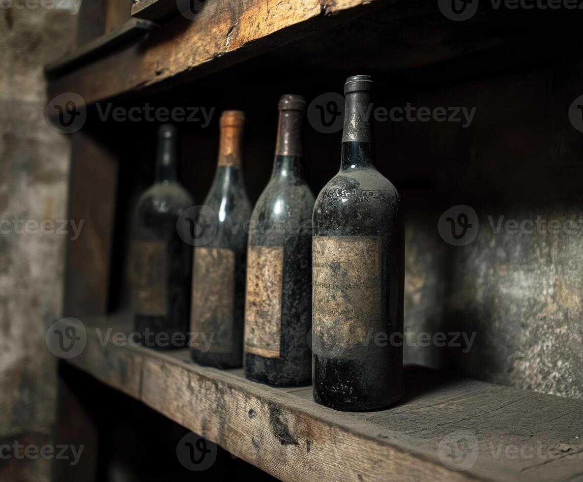 Old dusty wine bottles on wooden shelves in a dimly lit cellar showcasing vintage collection photo
