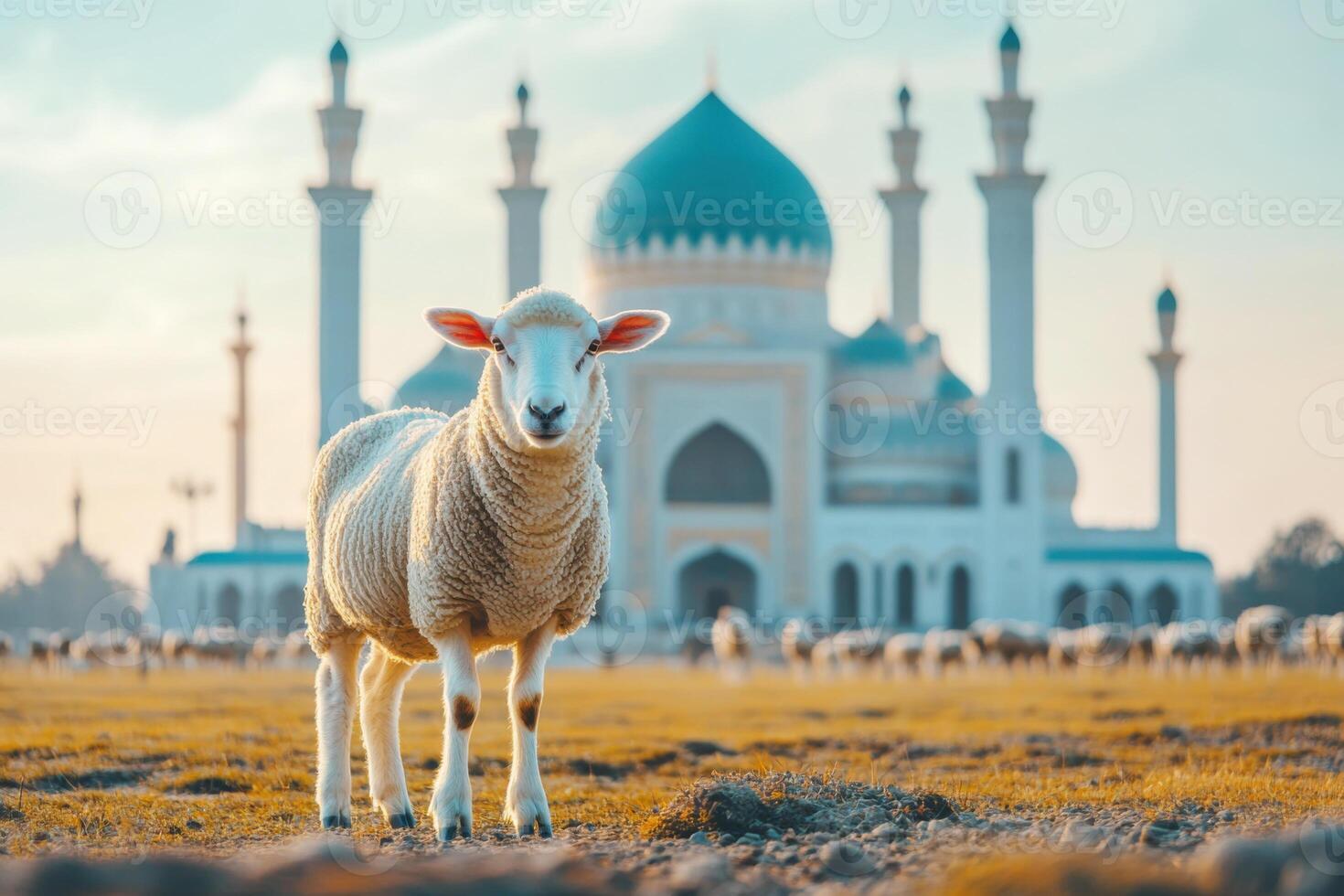 Serenity of a sheep grazing near an ornate mosque at sunset in a peaceful landscape photo