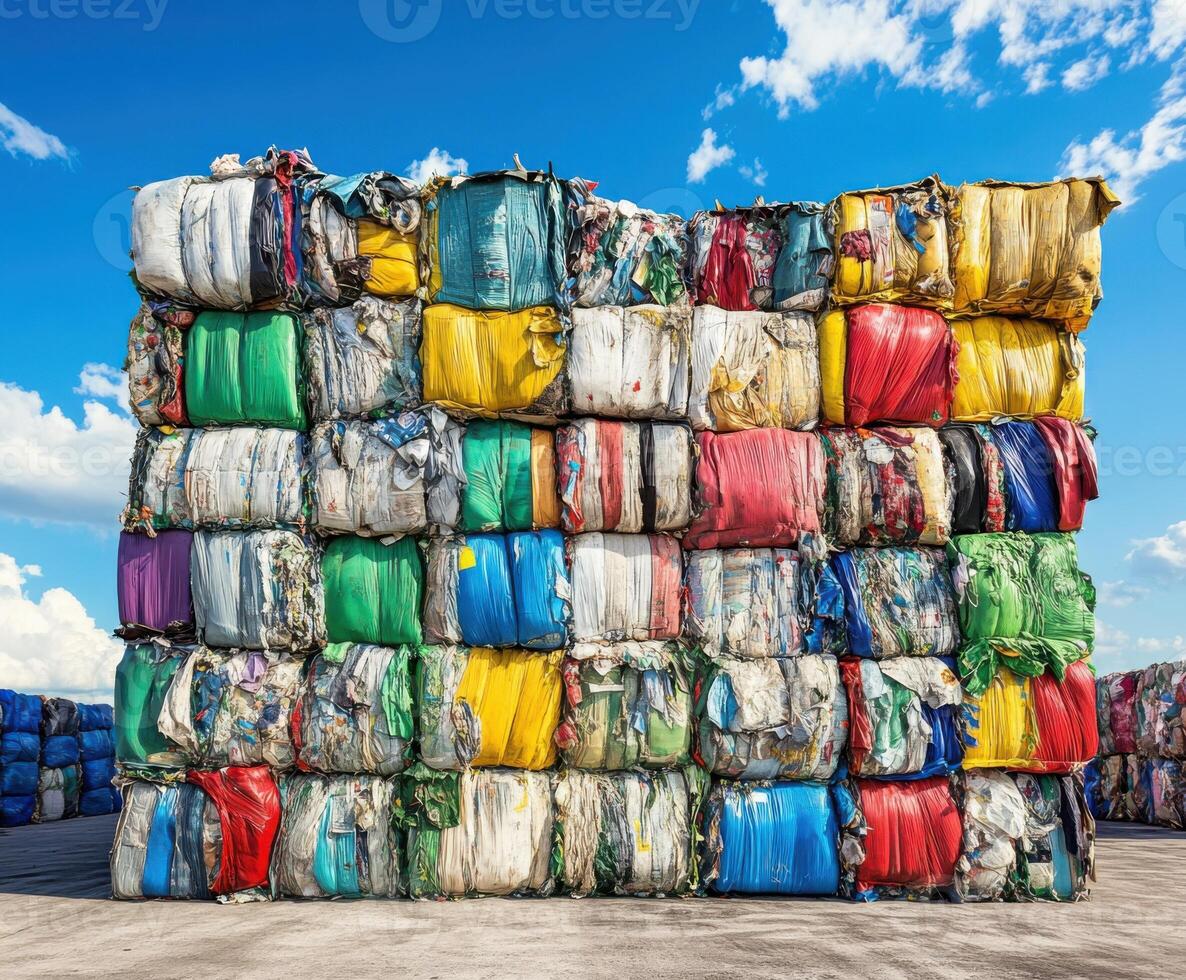 Colorful bundles of recycled waste stacked at a processing facility under a bright blue sky photo
