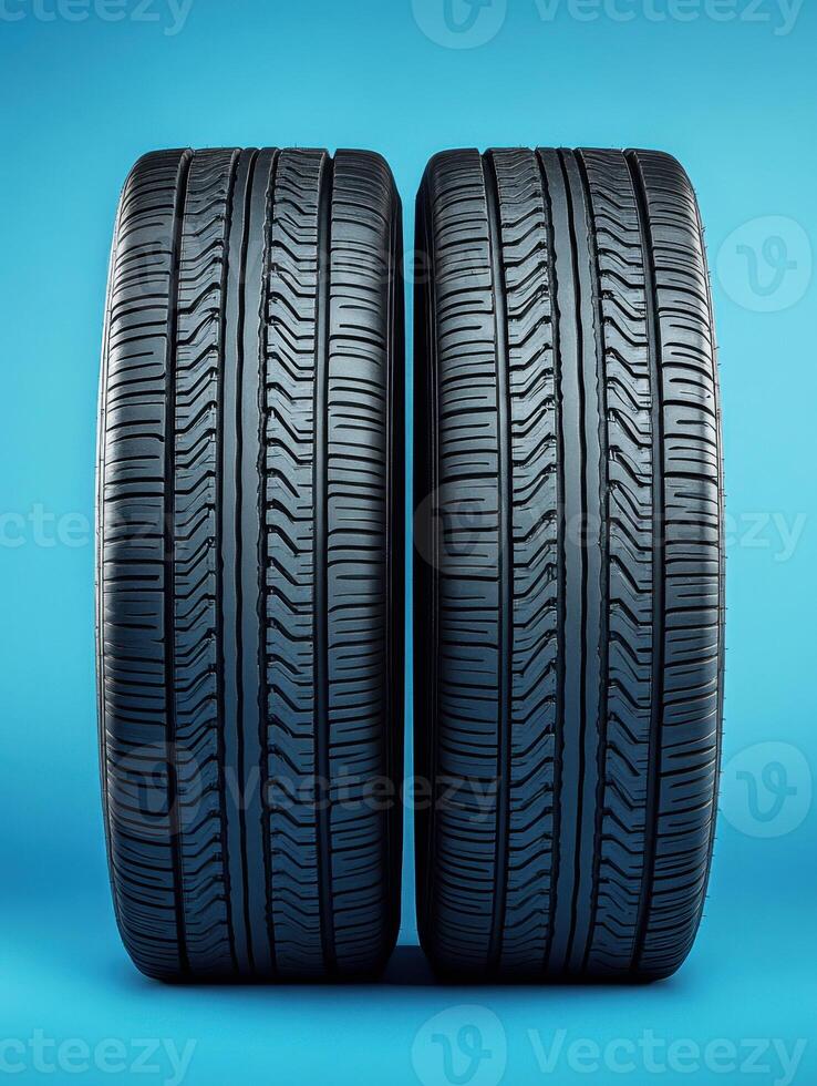 High-performance tires displayed against a vibrant blue backdrop highlighting their tread pattern and design features photo