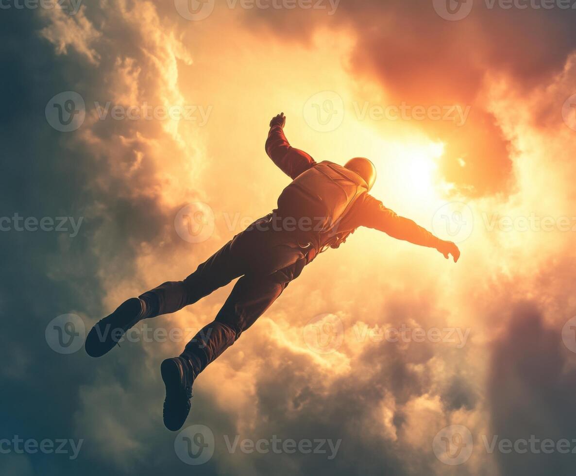 Skydiver performs a freefall jump through vibrant clouds against a dramatic sunset backdrop photo