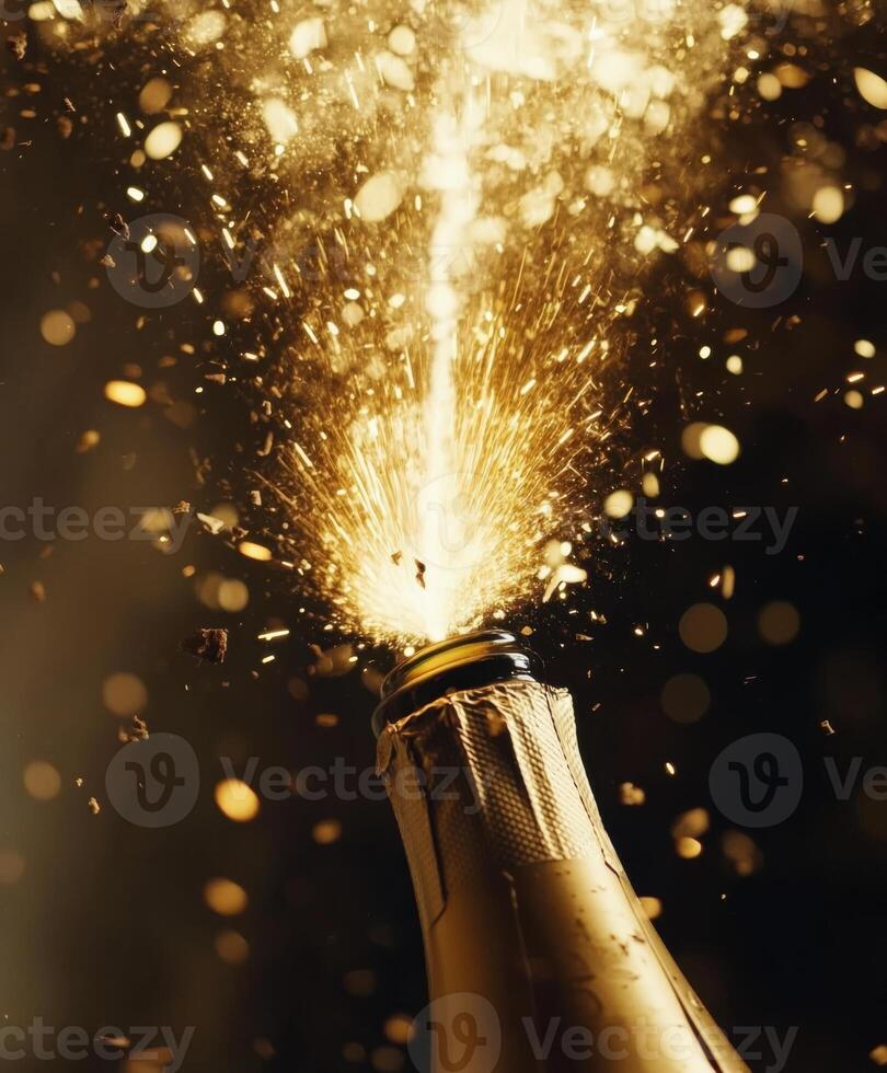 Champagne bottle pops, sending sparkling cork and bubbles into celebratory atmosphere with golden light photo