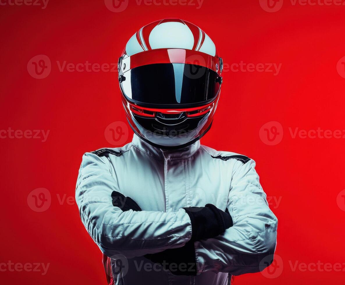 Race car driver in helmet poses confidently against a vibrant red background photo