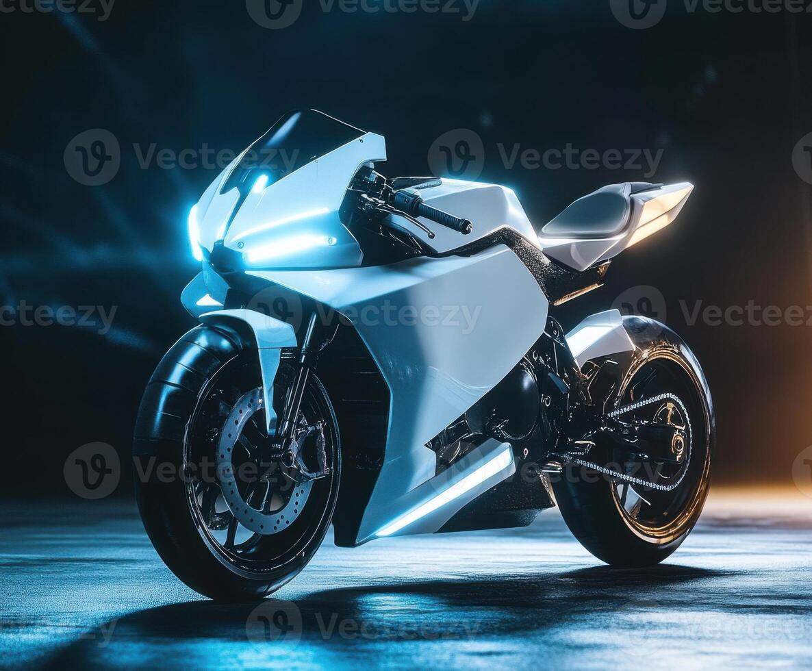 High-tech motorcycle illuminated by blue lights in a dark setting showcasing modern design and engineering photo