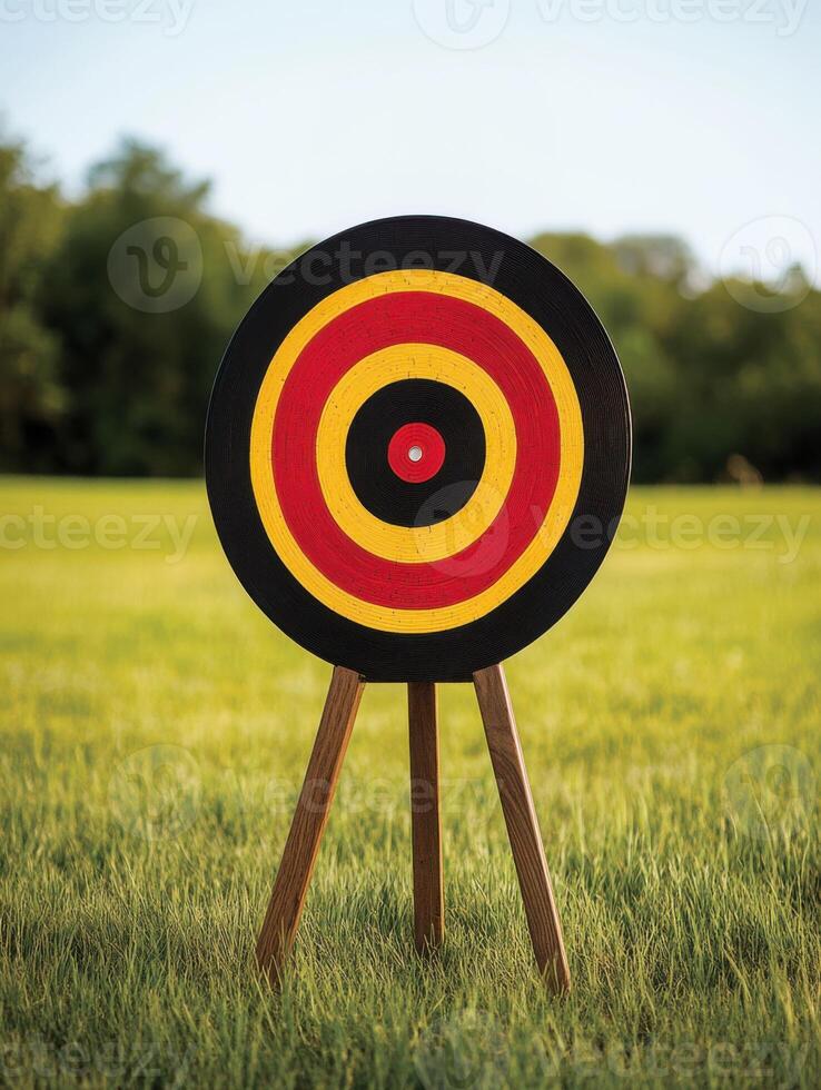 Target is set up on a grassy field under clear skies during a sunny day photo