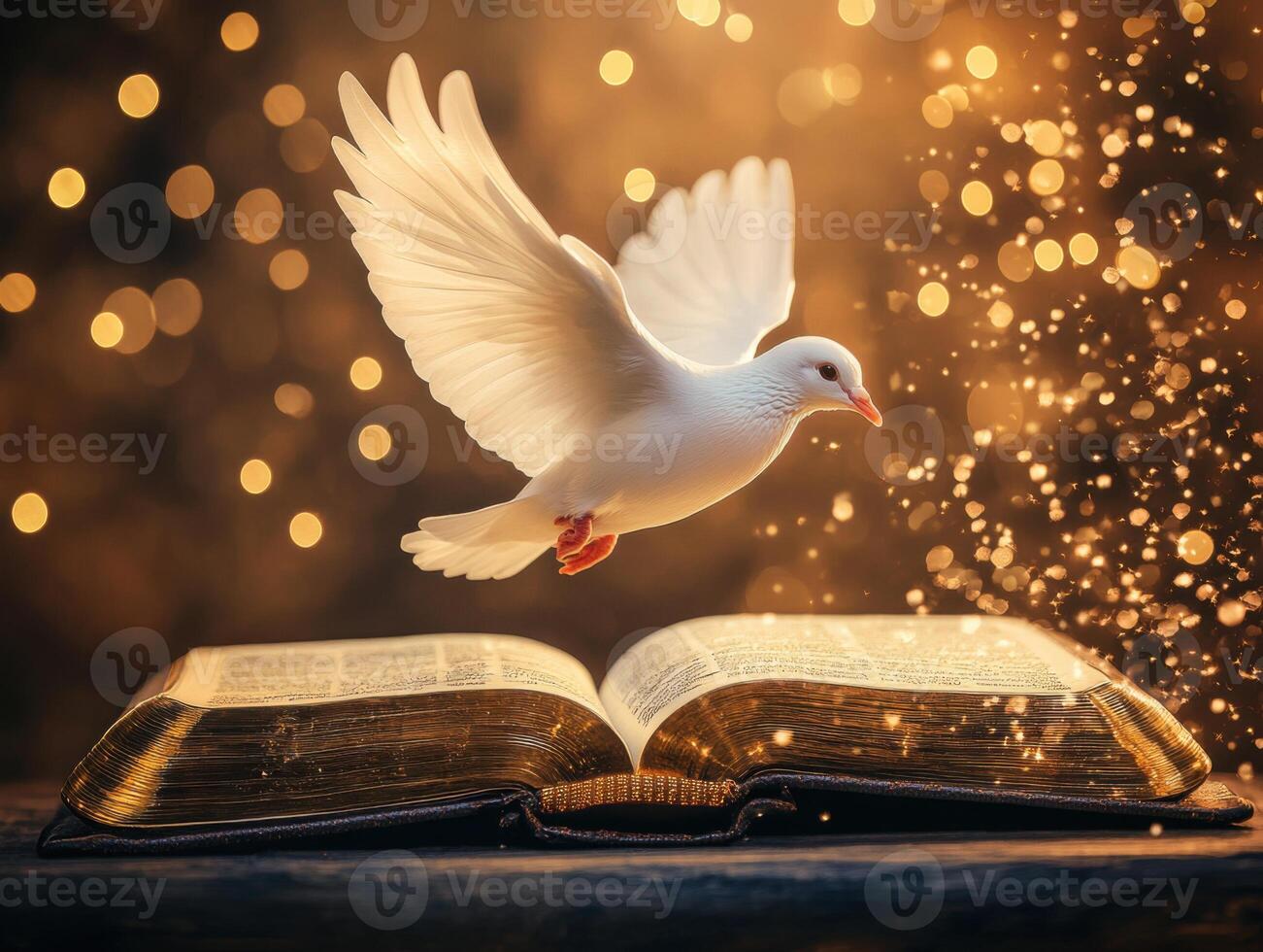 Dove takes flight from an open book surrounded by magical sparkles in a warm glow photo