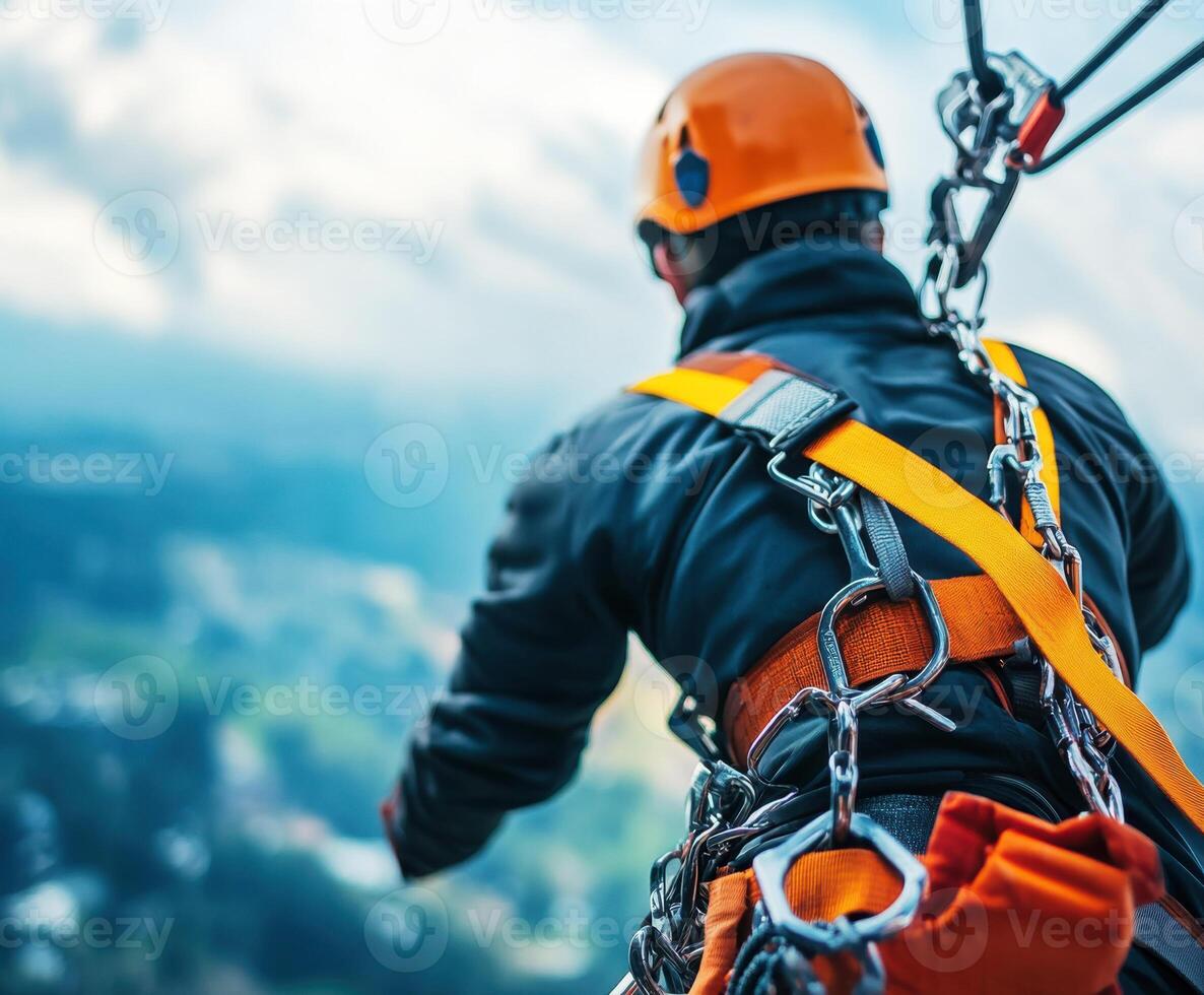 Professional climber prepares for a descent on a zip line in a mountainous landscape during daytime photo
