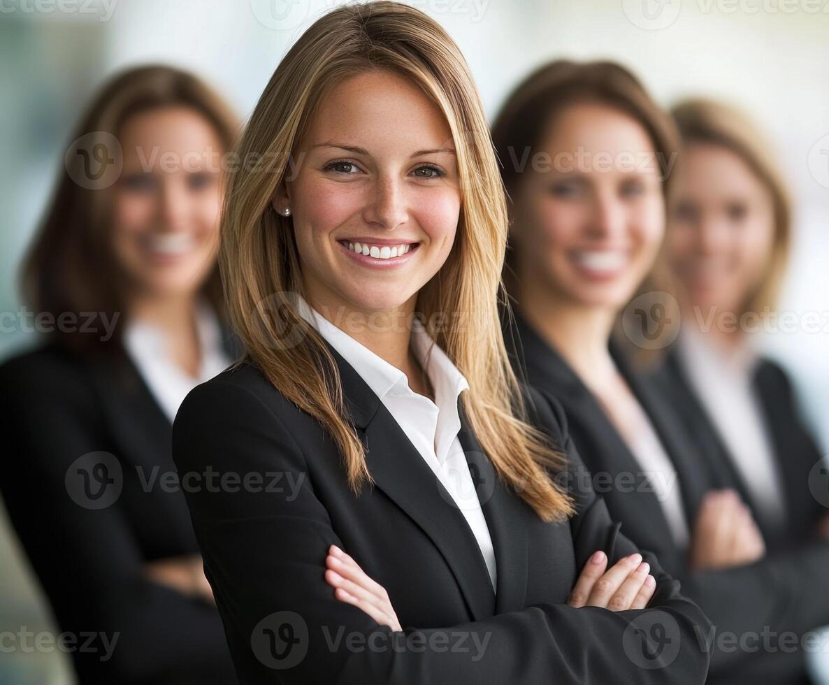 Confident group of business professionals collaborating in a corporate environment during a daytime meeting photo