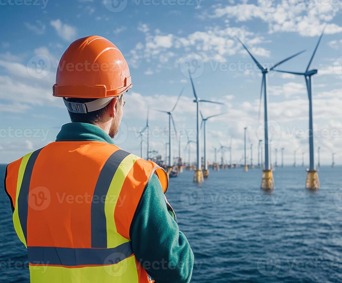 Worker observes offshore wind turbines in action during a clear day at a renewable energy site photo