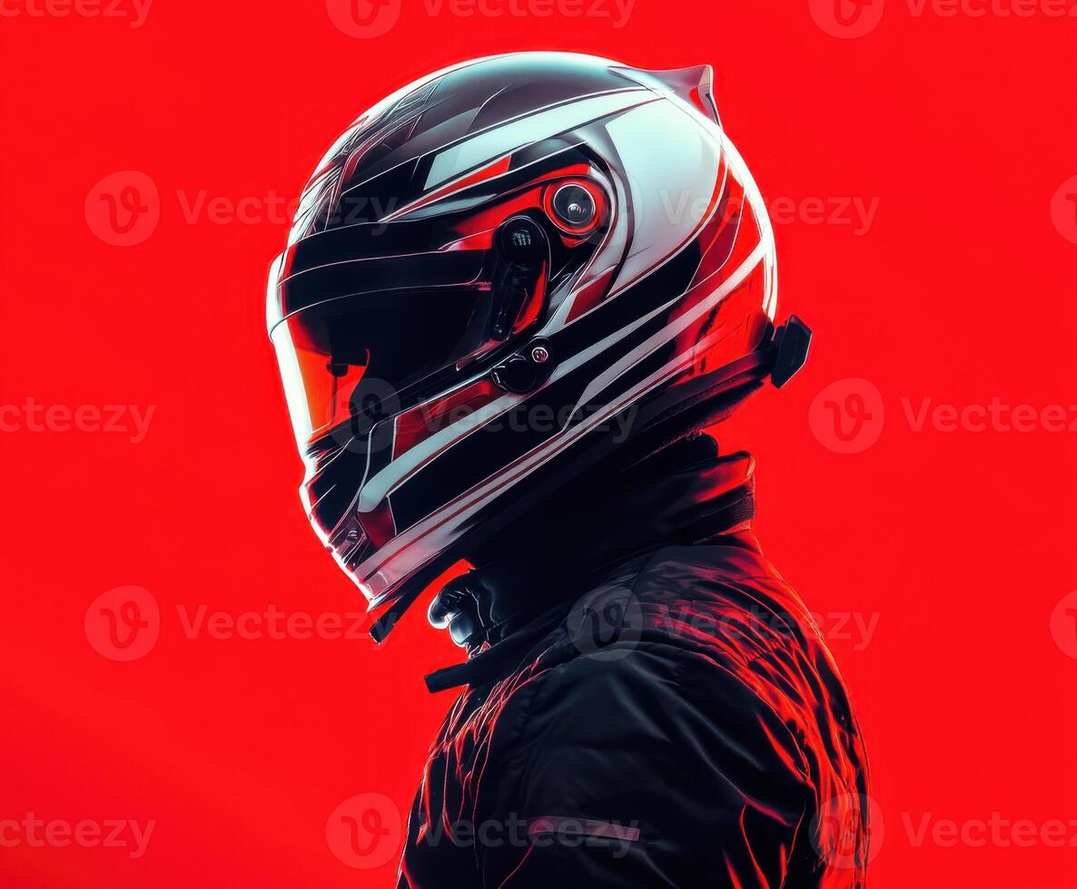 Racing driver in a helmet against a vibrant red background during a dynamic motorsport setting photo