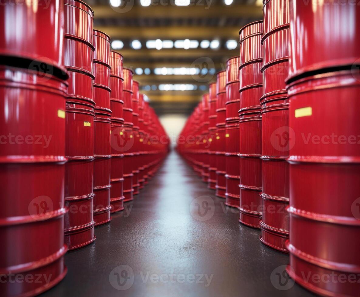 Rows of red barrels arranged in a warehouse for storage and organization of industrial materials photo