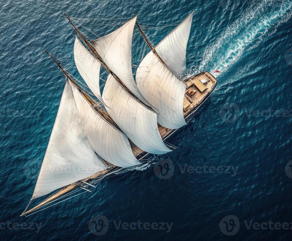 Sailing ship gliding across deep blue waters under clear sky with billowing sails photo