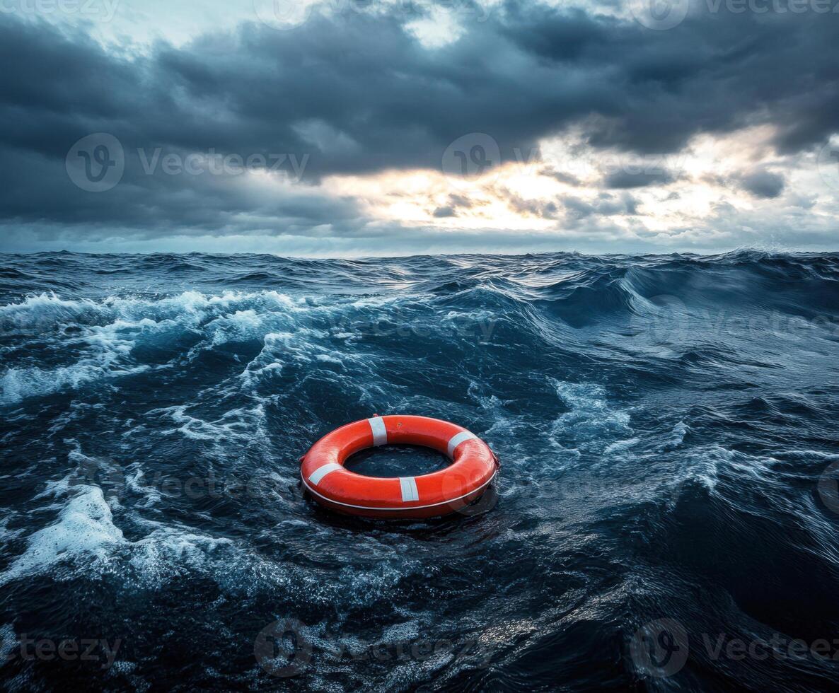 Lifebuoy floats in turbulent ocean waves at sunset under darkening clouds photo
