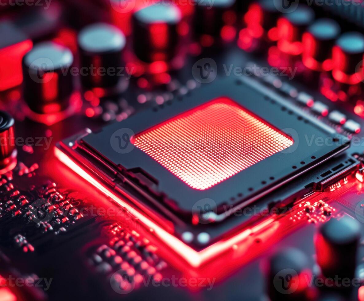 Close-up view of a glowing microprocessor on a circuit board with vibrant red lighting in a dark environment photo