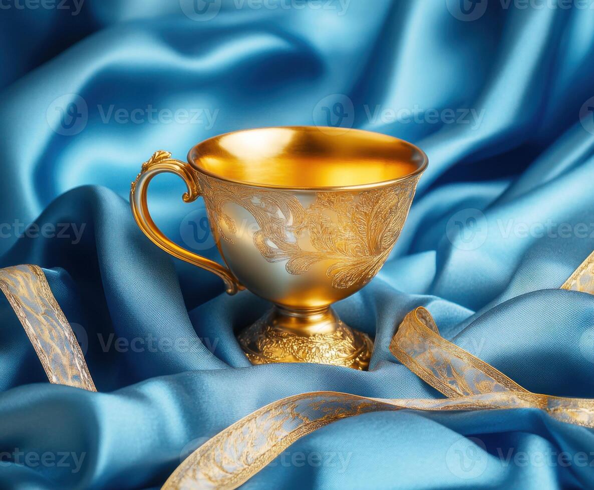 Elegant golden cup resting on luxurious blue satin fabric with delicate ribbon details in soft lighting photo