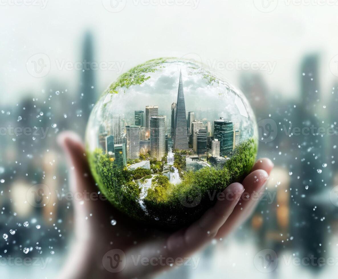 Urban landscape within a glass sphere showcasing nature's harmony with a modern city during a rainy day photo