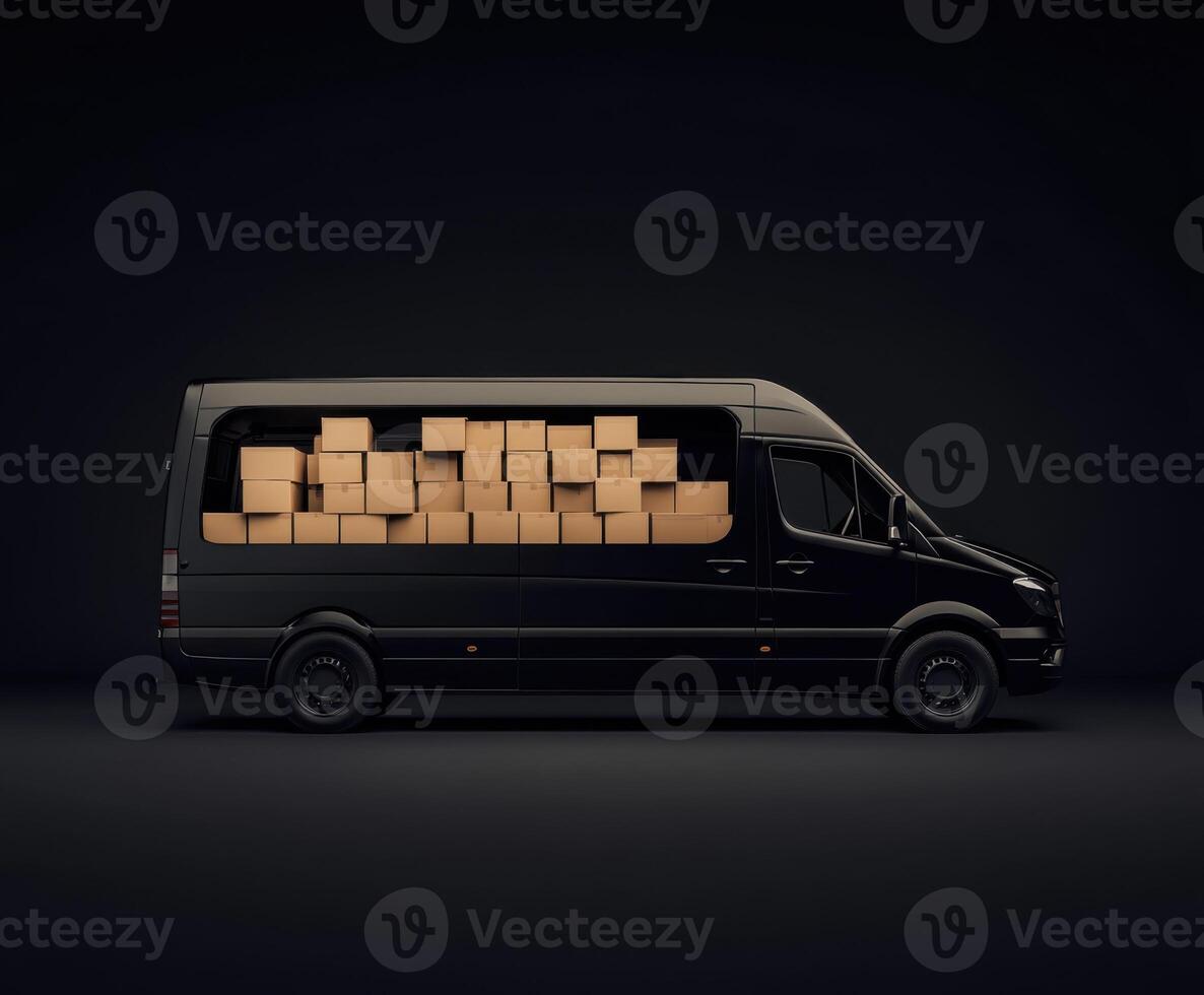 Delivery van filled with cardboard boxes parked against a dark backdrop during nighttime photo