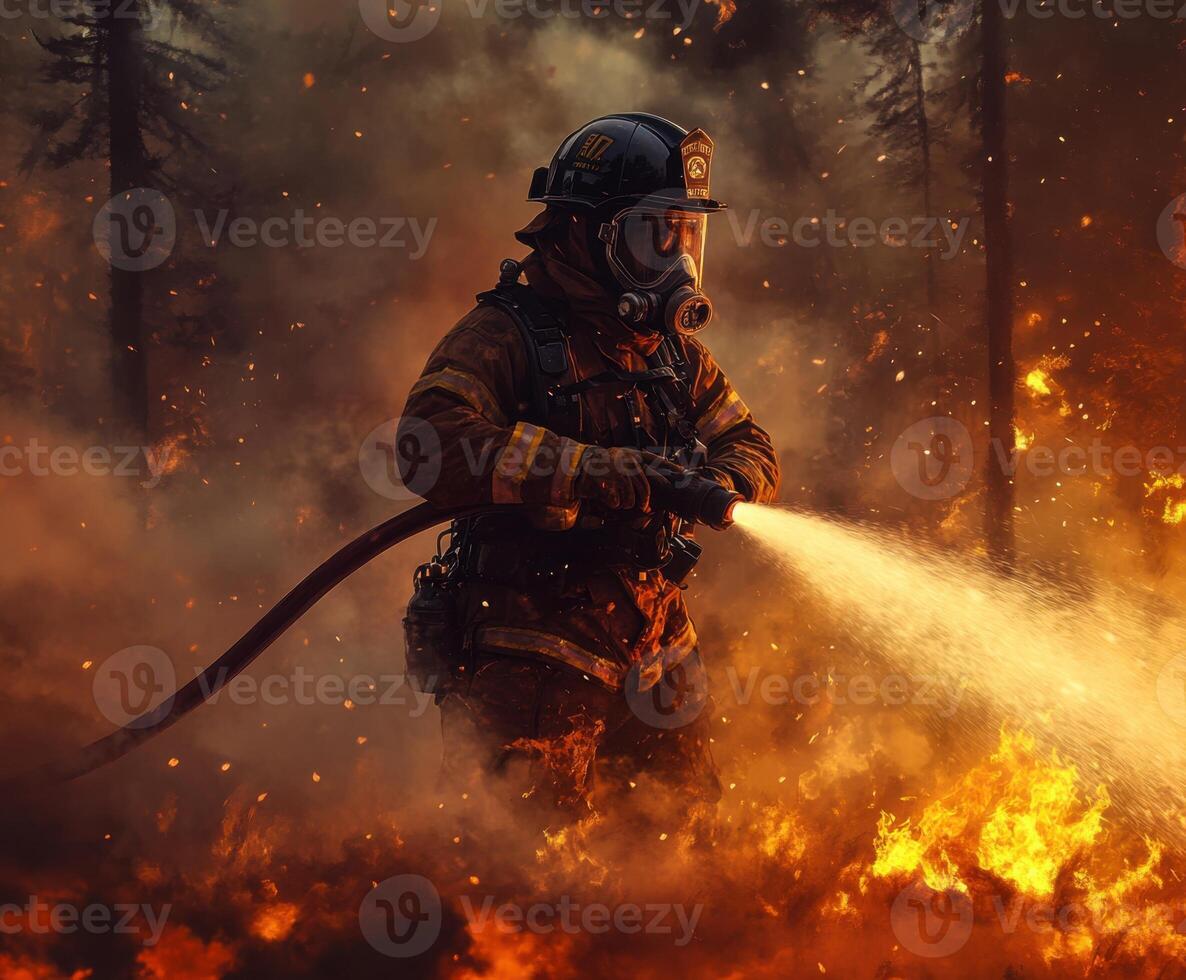 Firefighter battles fierce wildfire among burning trees during early evening hours with determination and skill photo