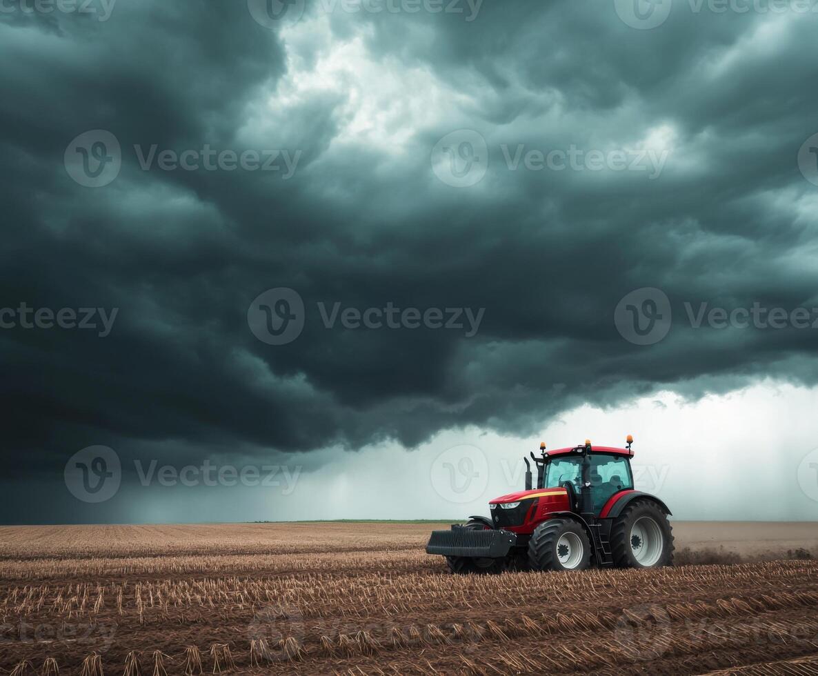 Dark storm clouds loom over a tractor working in a freshly plowed field at dusk photo