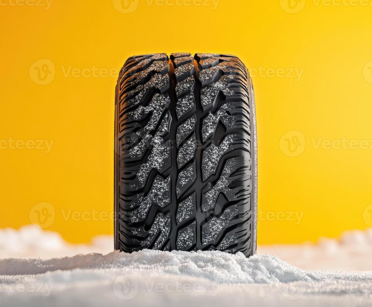 Tire on snow with a bright yellow background showcasing its intricate tread design and performance capabilities photo