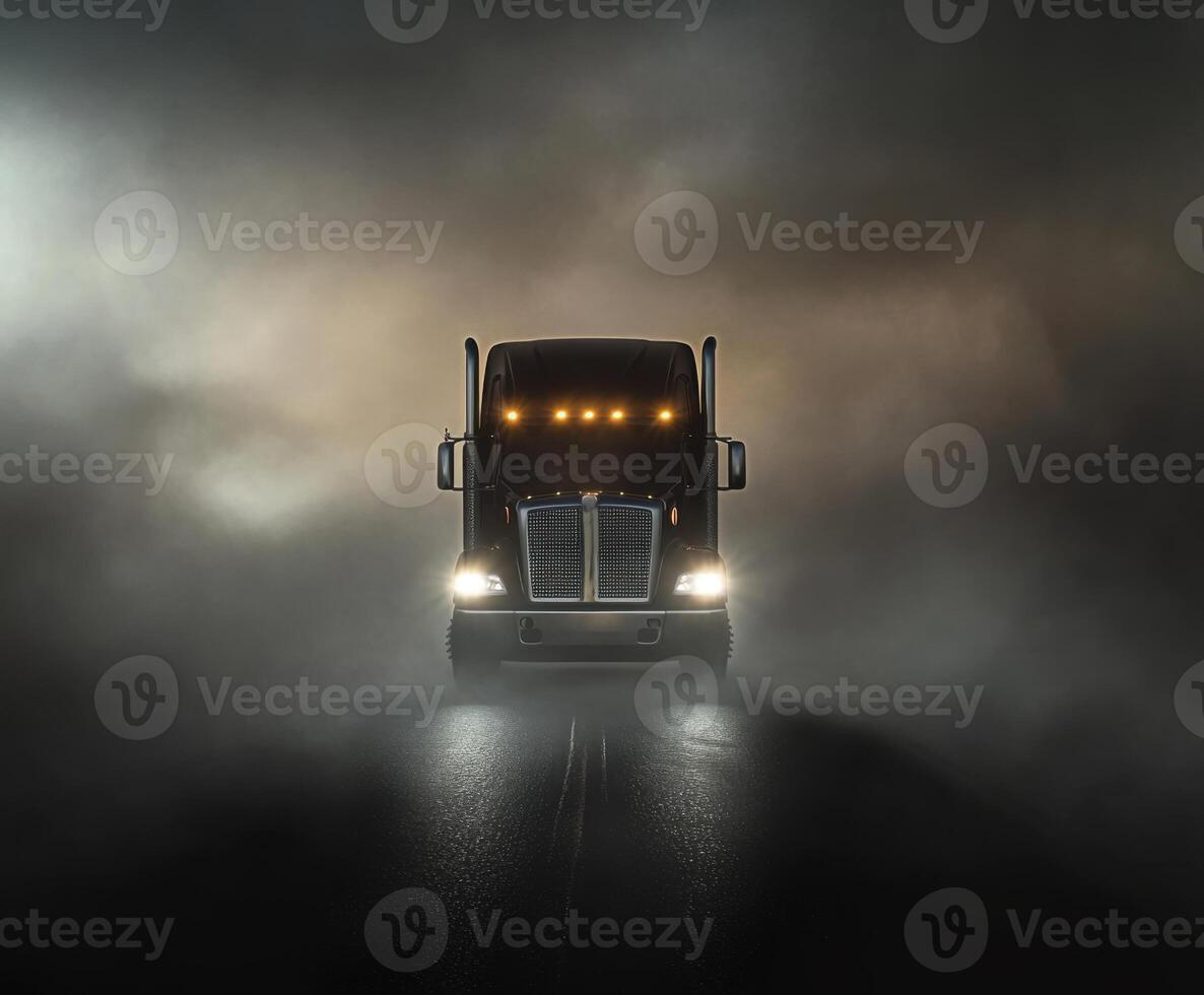 Heavy-duty truck illuminated in foggy conditions at nighttime on an empty road photo