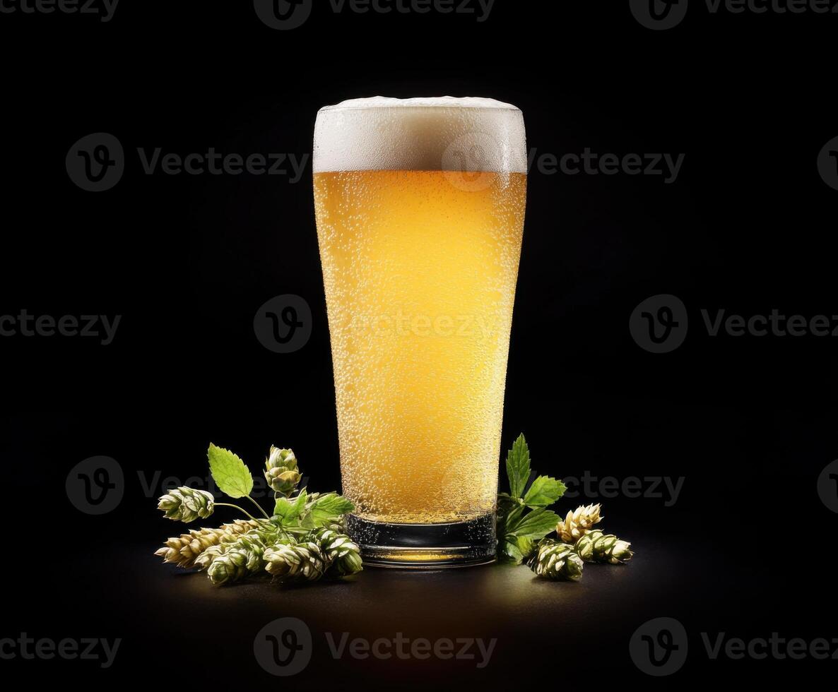 Enjoying a refreshing glass of golden beer with hops and greenery in a dark setting photo