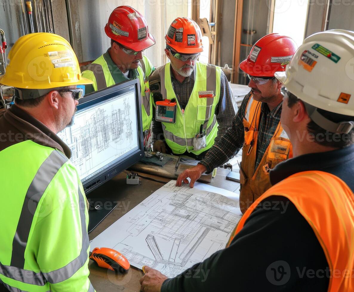 Construction team discusses blueprints and plans at a job site in broad daylight photo