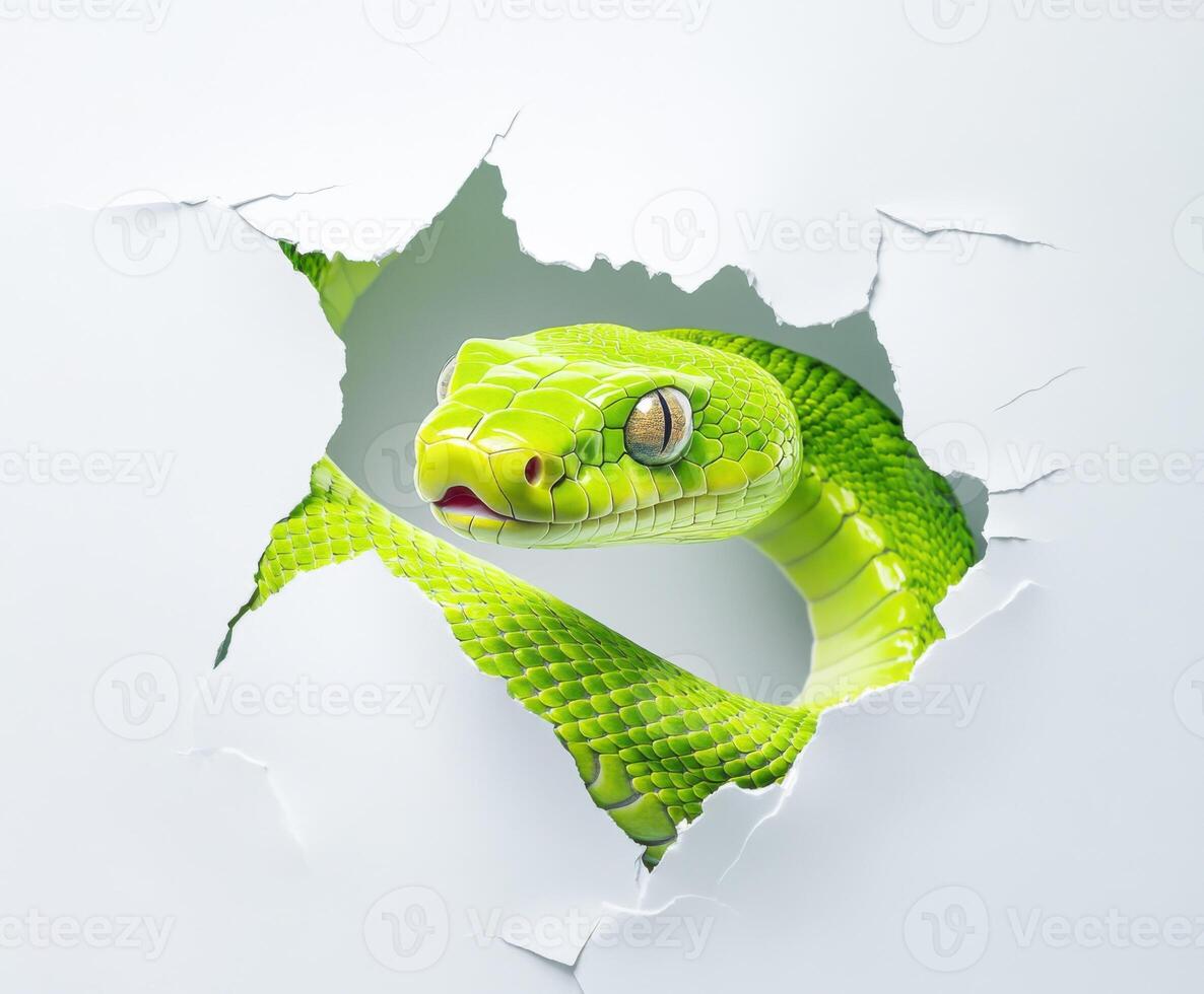 Green snake emerging through a hole in a white wall while displaying intricate scales and vivid colors photo