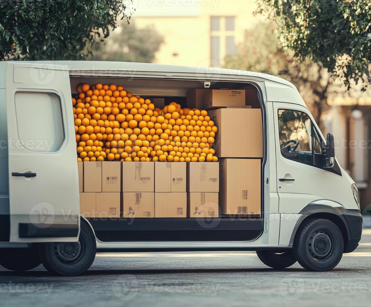 Delivery van filled with boxes of fresh oranges during daytime in an urban area photo