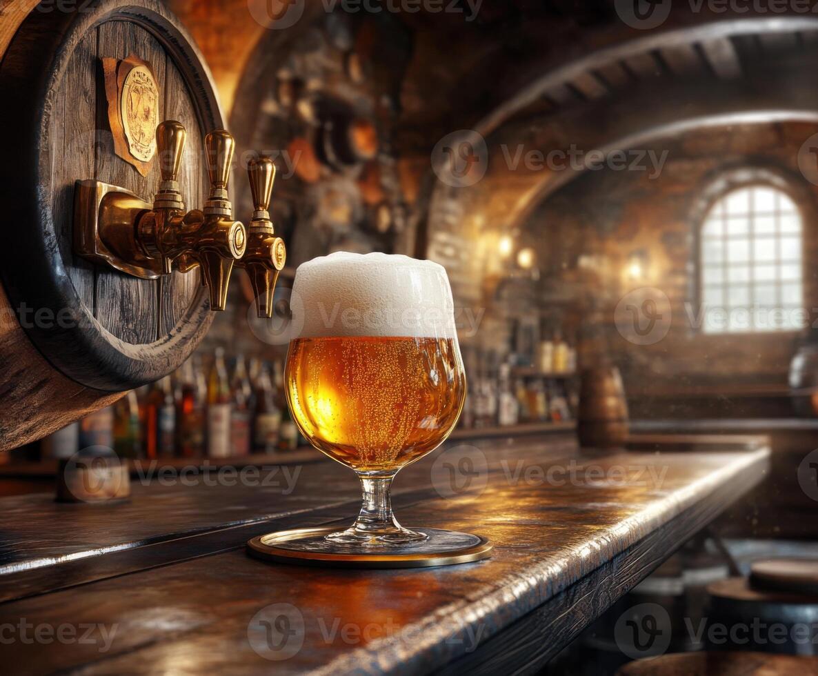 Golden beer served in a glass on a wooden bar in a rustic brewery with barrel and bottles in the background photo