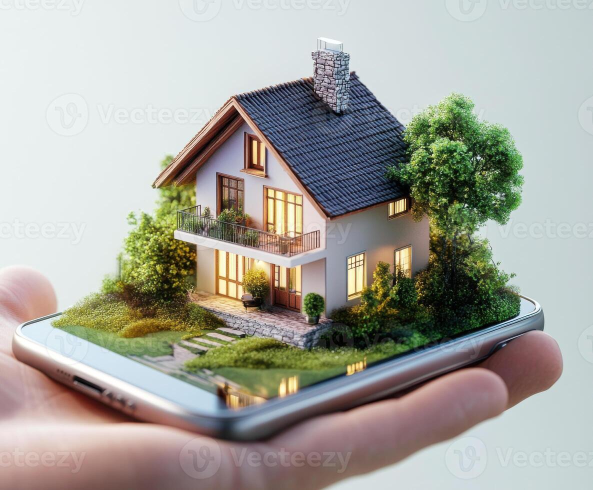 Innovative concept of a miniature house resting on a smartphone held in a hand, merging technology and home design photo