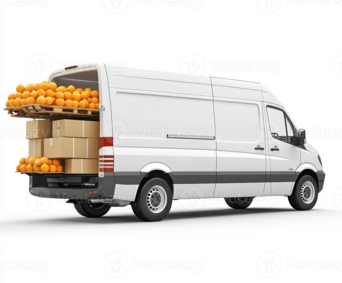 Fresh oranges being delivered in a cargo van at a distribution center during day time photo