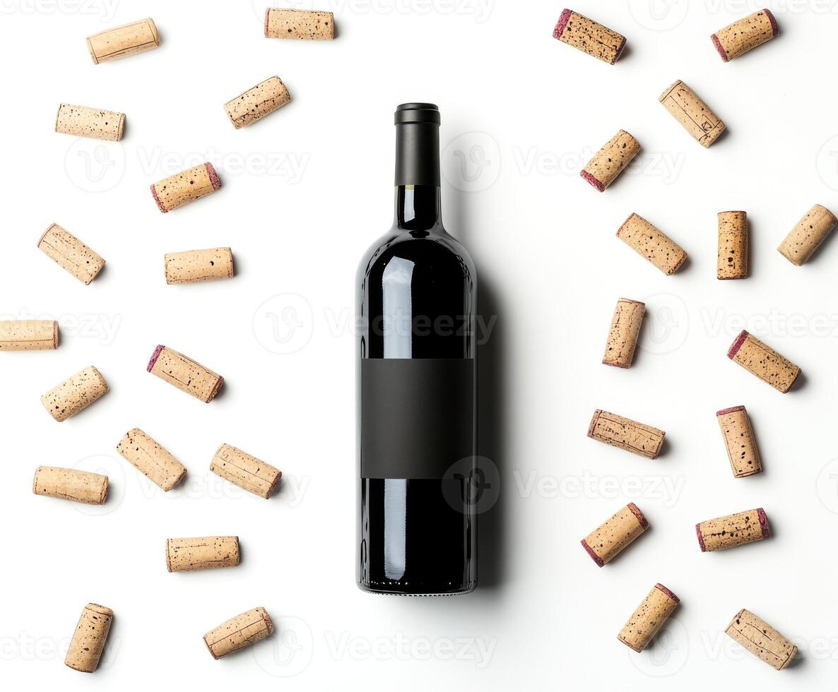 Elegant red wine bottle surrounded by corks on a white background photo