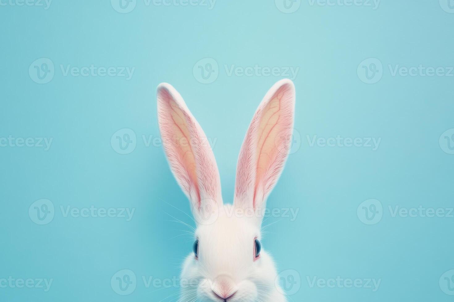 White rabbit with pink ears poses against a light blue background showcasing its curious expression photo