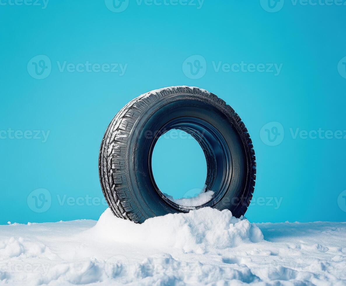 Snow-covered tire on a bright blue background in winter setting with vivid contrasts and clear textures showcased photo